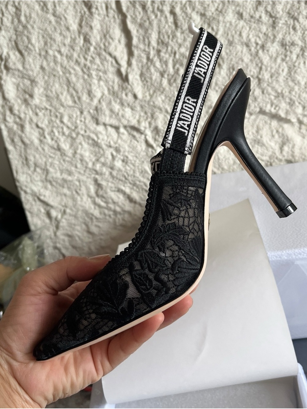 Dior Black Lace Slingback Heel with Logo Strap